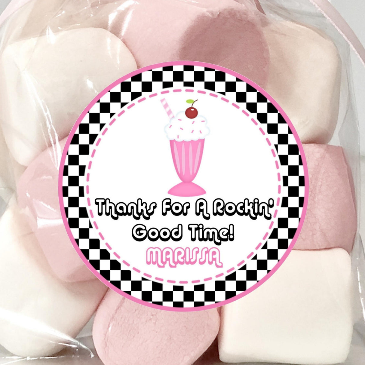 1950s milkshake party favor sticker with checkerboard border