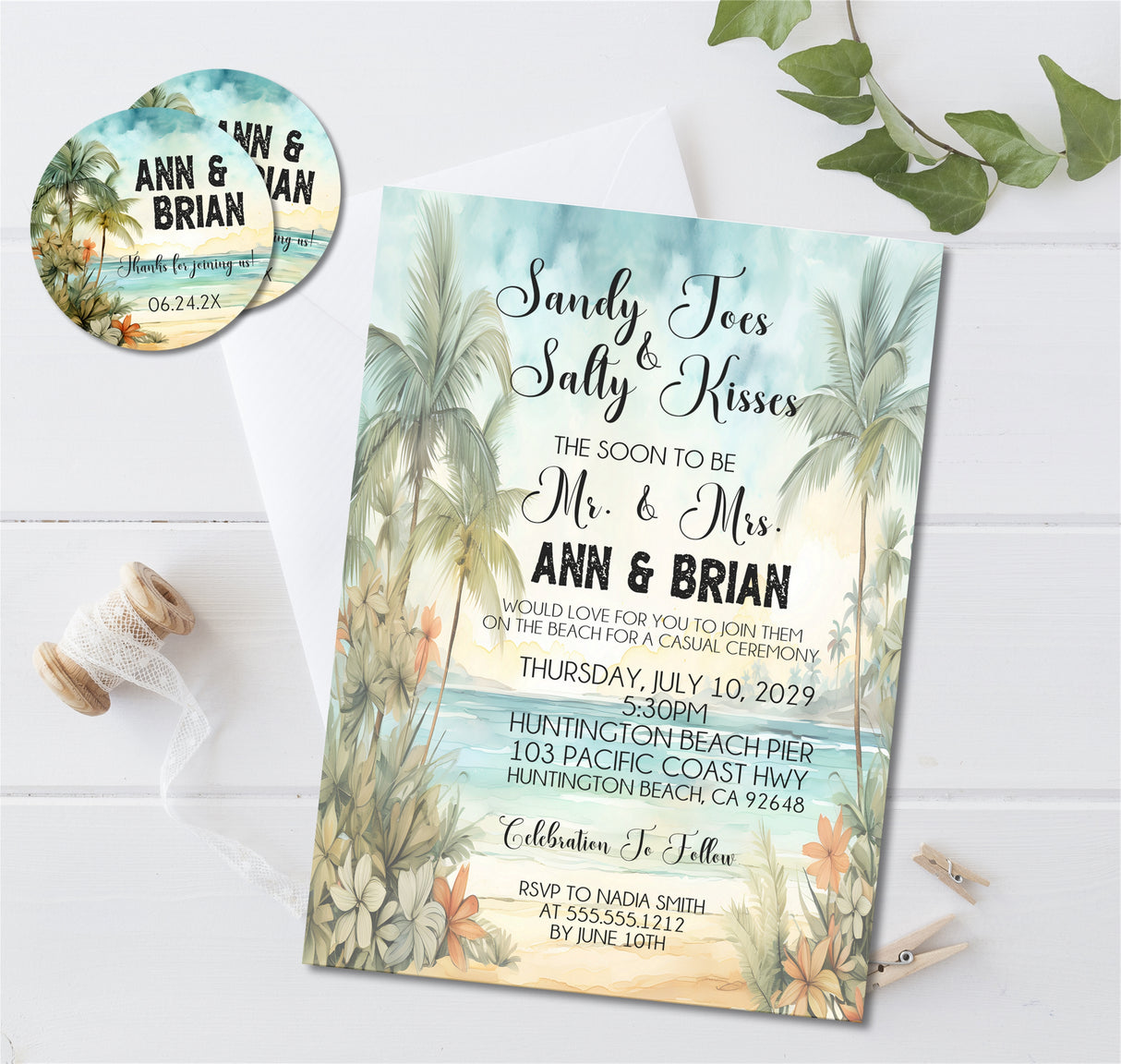 A tropical-themed wedding invitation card with palm trees, flowers, and beach text.