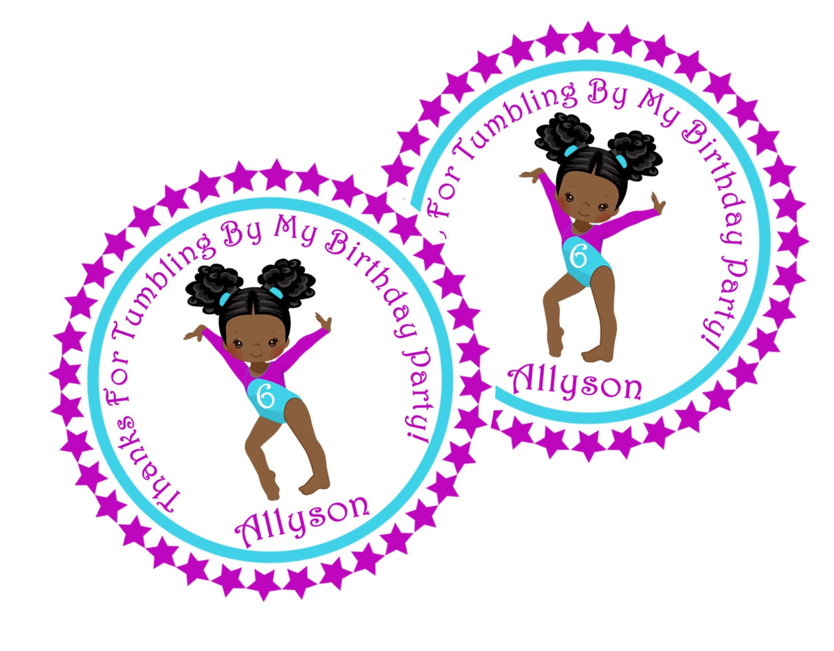 African American gymnast birthday sticker in purple and teal