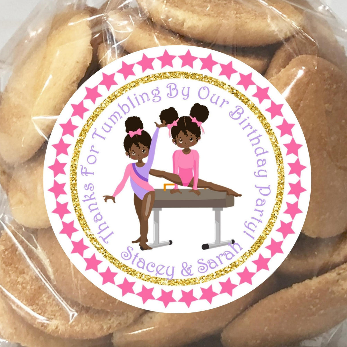 African American gymnast birthday sticker with two girls in pink leotards