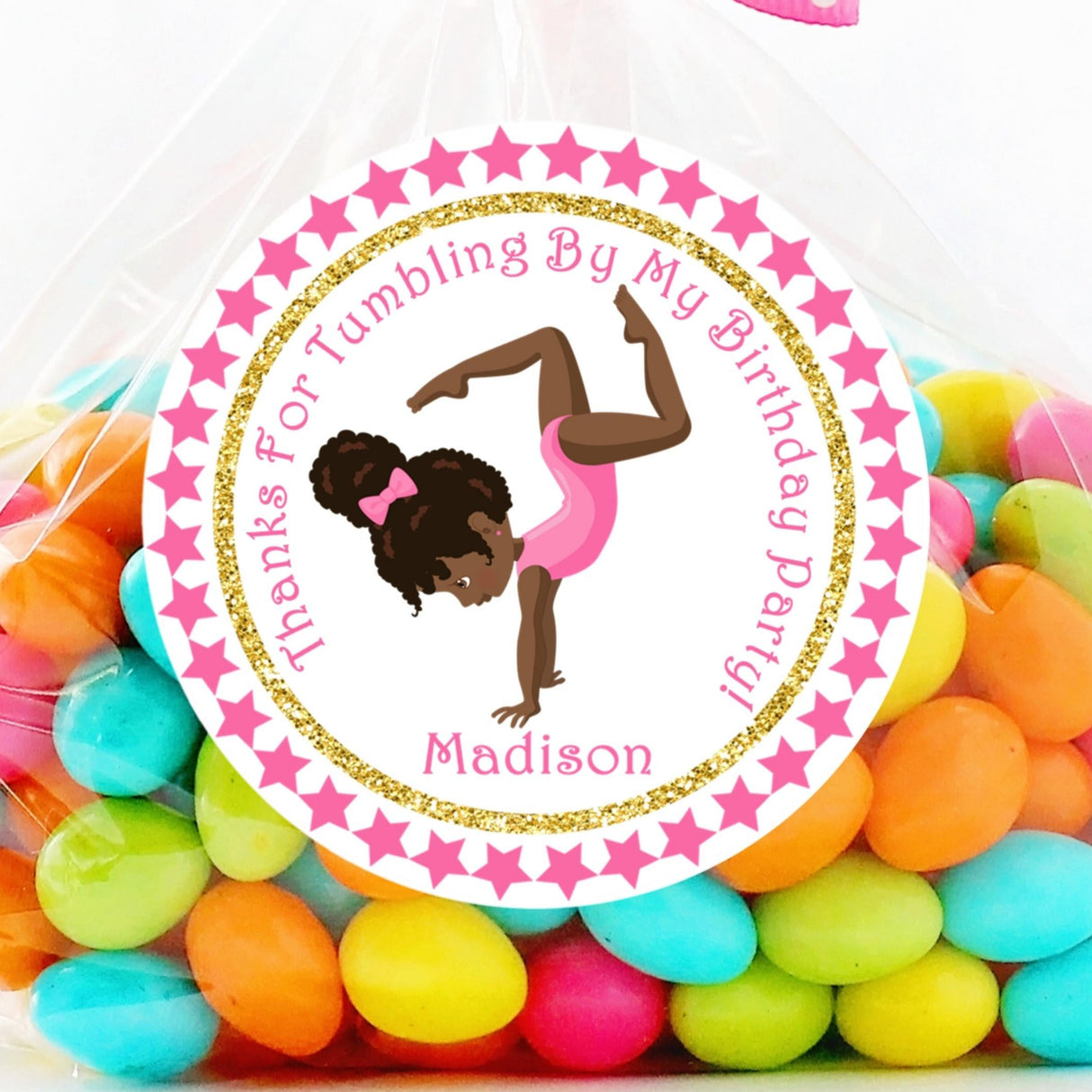 African American gymnast handstand pink birthday sticker