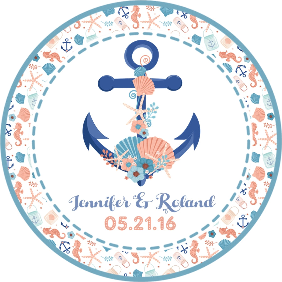 Anchor wedding favor label customized with couple names and wedding date