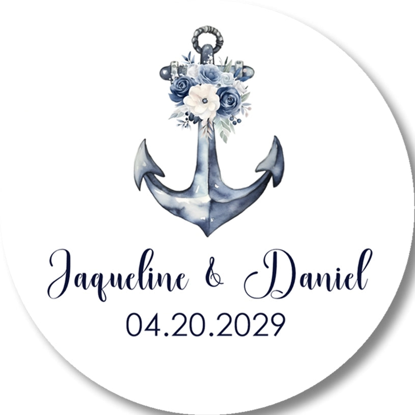 Anchor wedding favor sticker with blue flowers personalized with couple names and wedding date