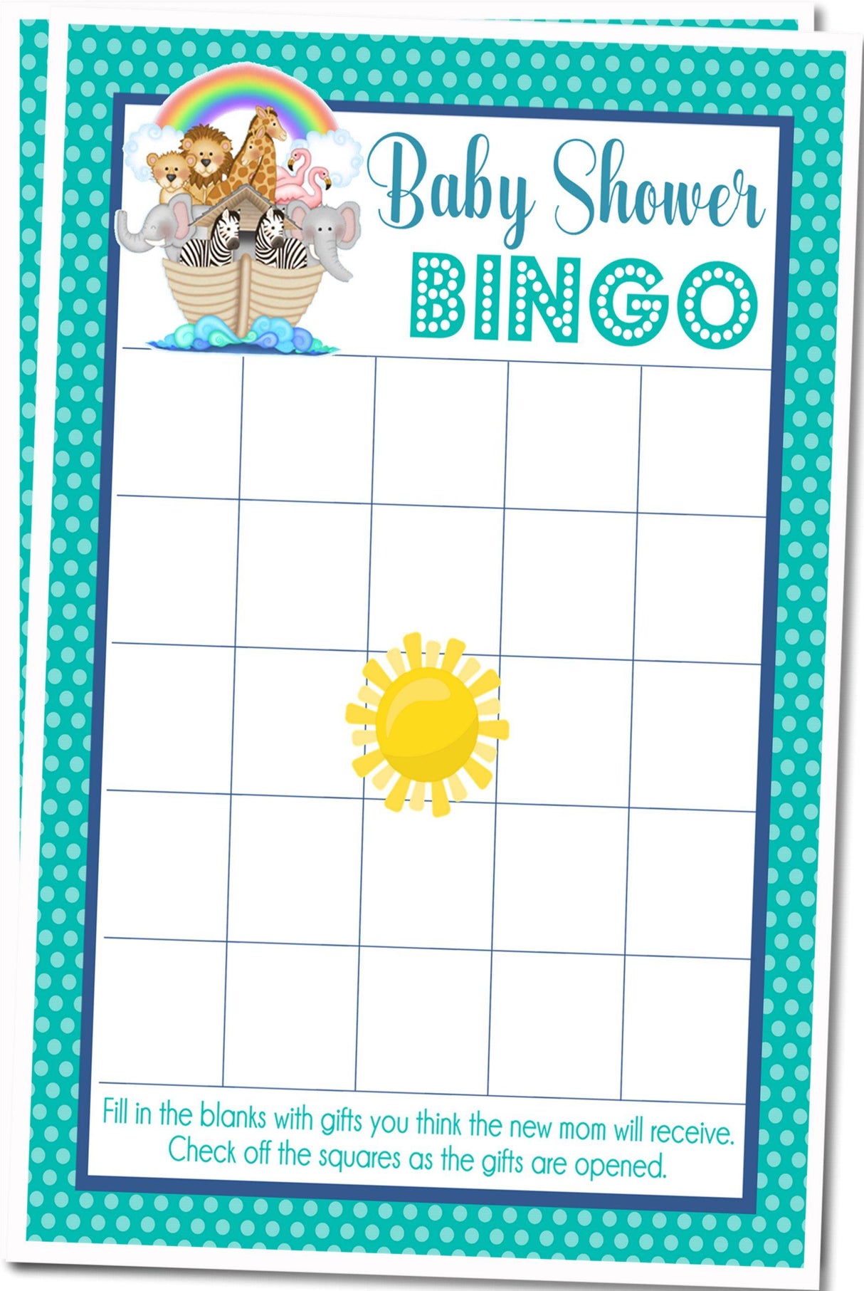Animal ark themed baby shower bingo cards PDF