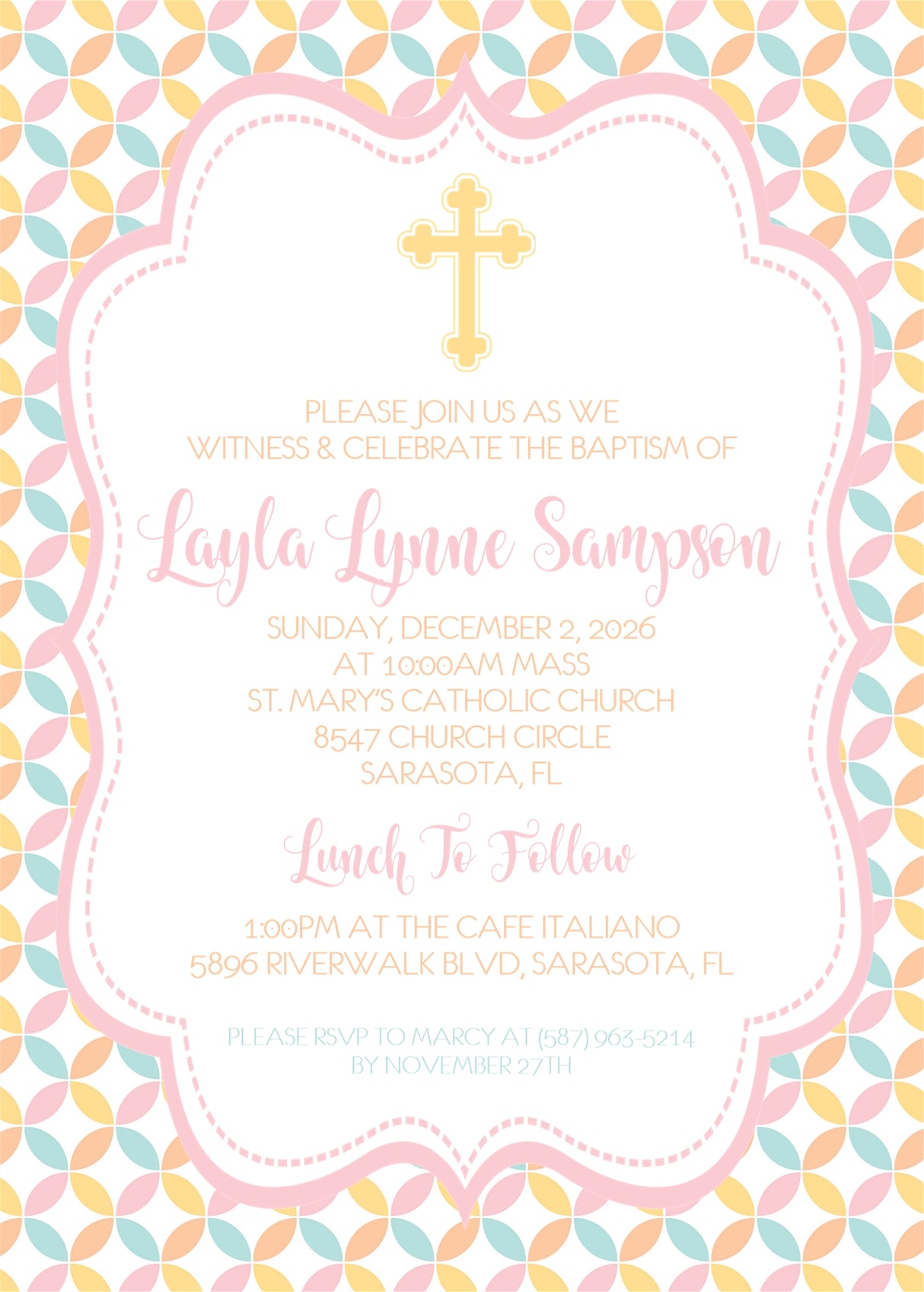 Aqua orange pink yellow cross baptism and first communion invitation