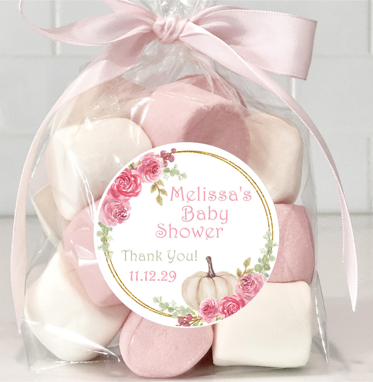 Pink Gold Rose Pumpkin Baby Shower Stickers