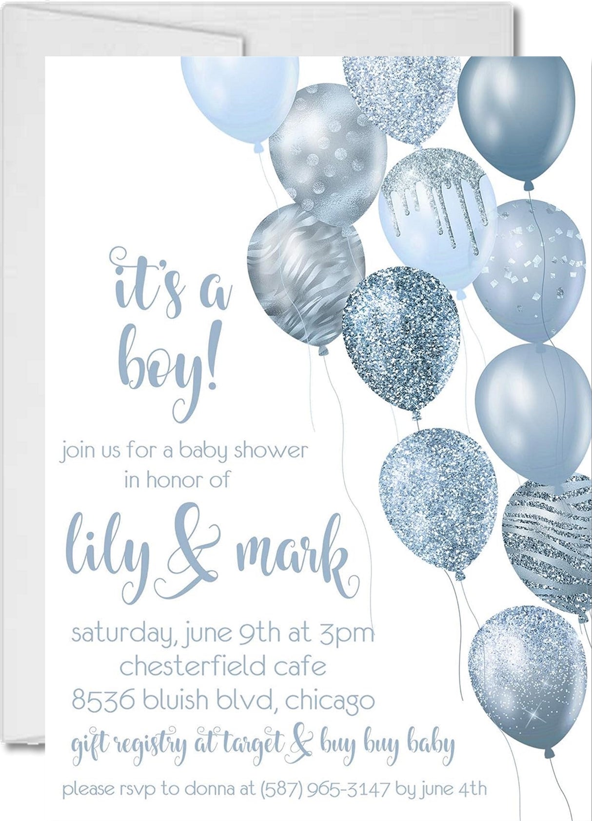 Baby shower invitation with blue balloons and text