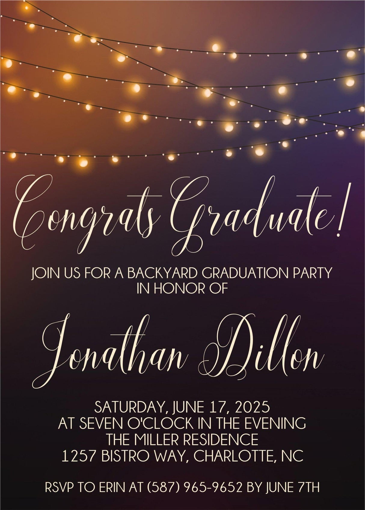 Backyard graduation invitation with glowing café string lights and dark background