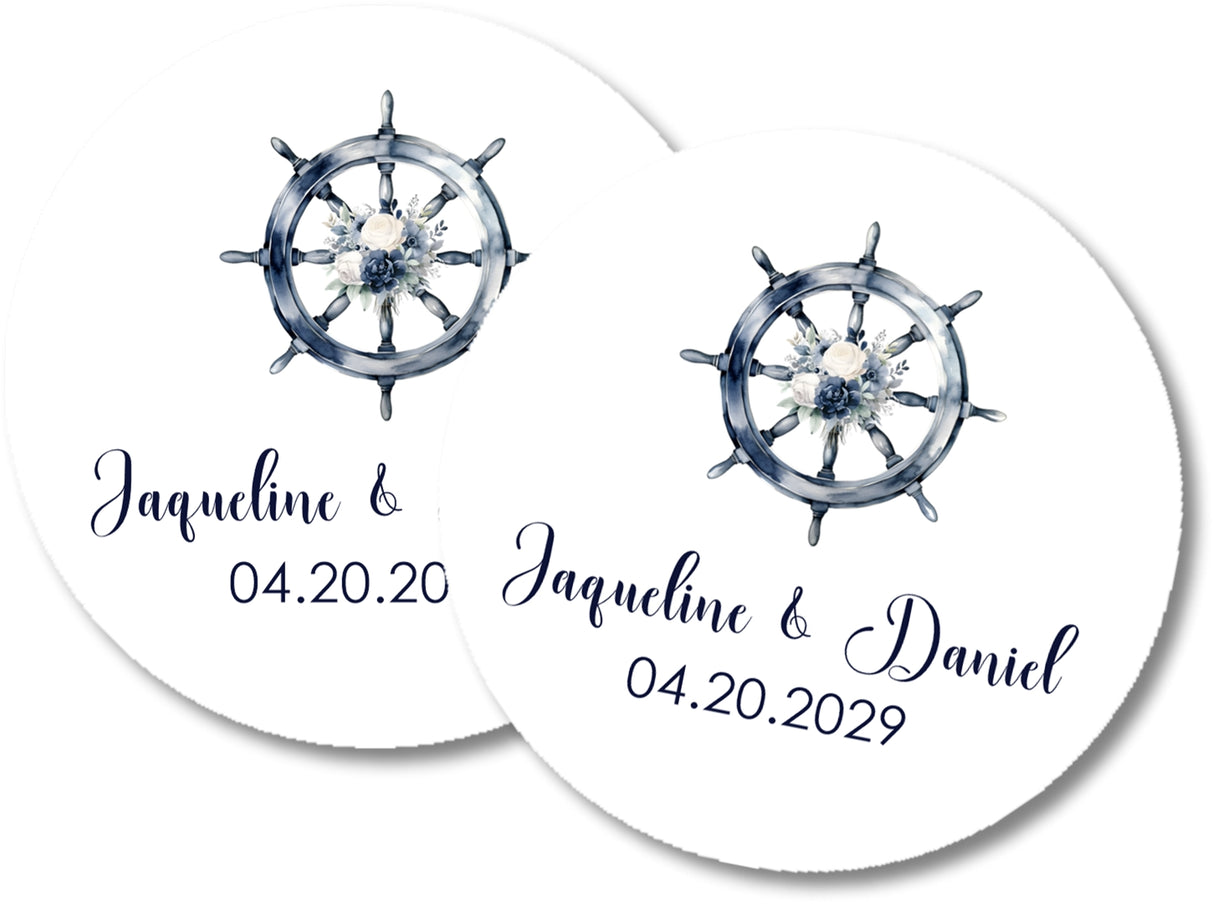 Beach wedding favor sticker with nautical ship wheel illustration