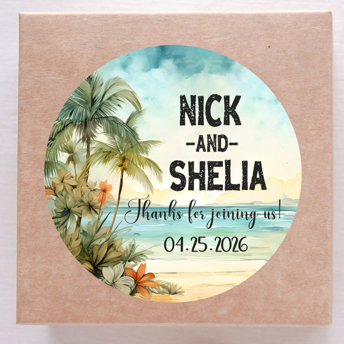 Beach wedding sticker with palm trees and ocean background