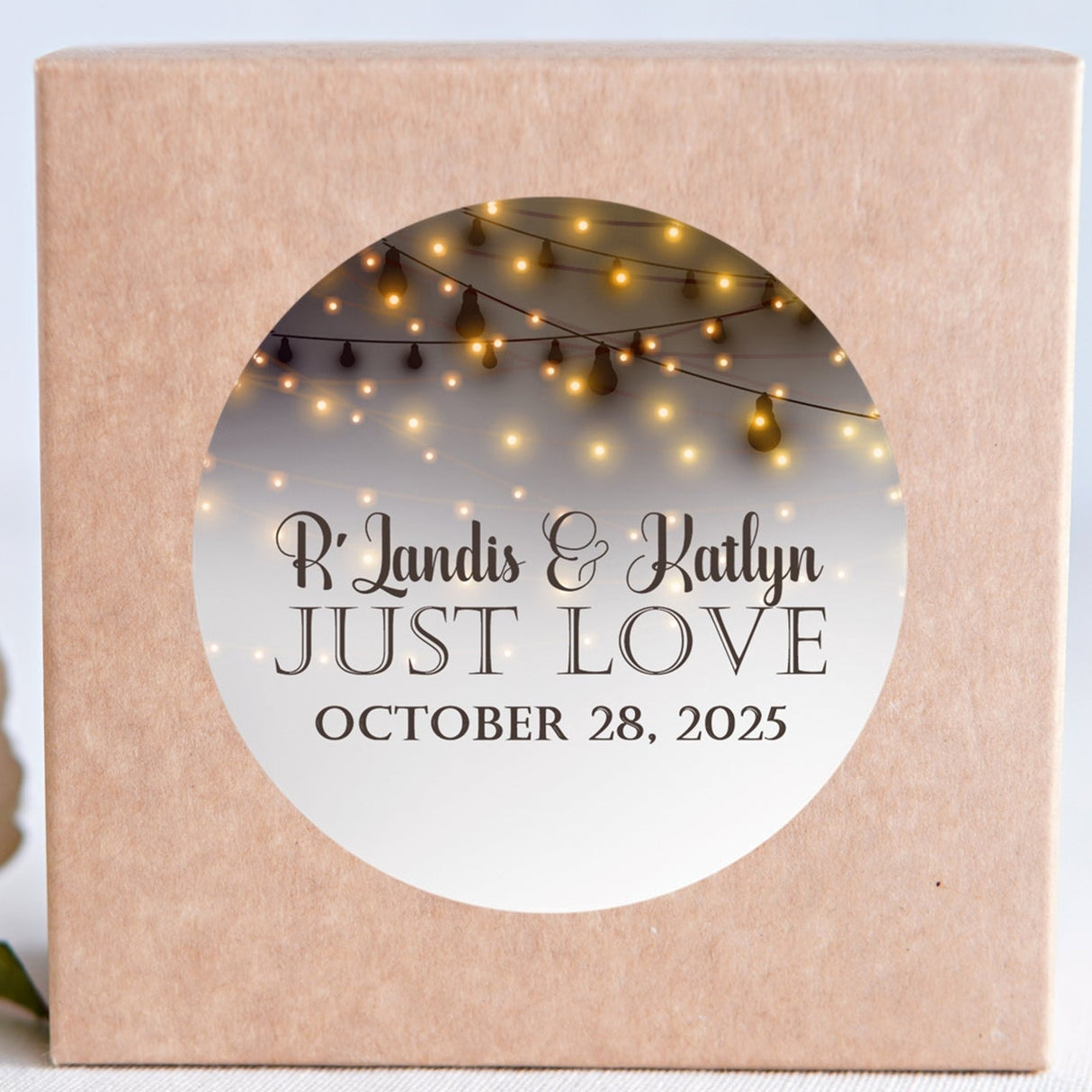 Bistro lights wedding sticker with warm string lights and Just Love wording