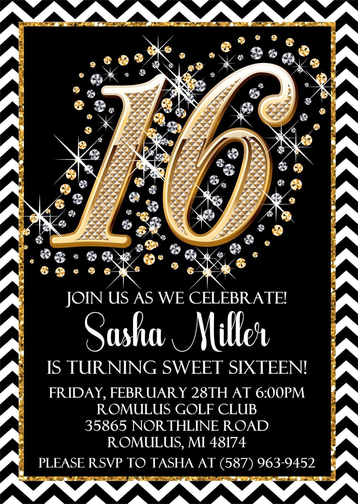 Black And Gold Sweet 16 Party Invitations