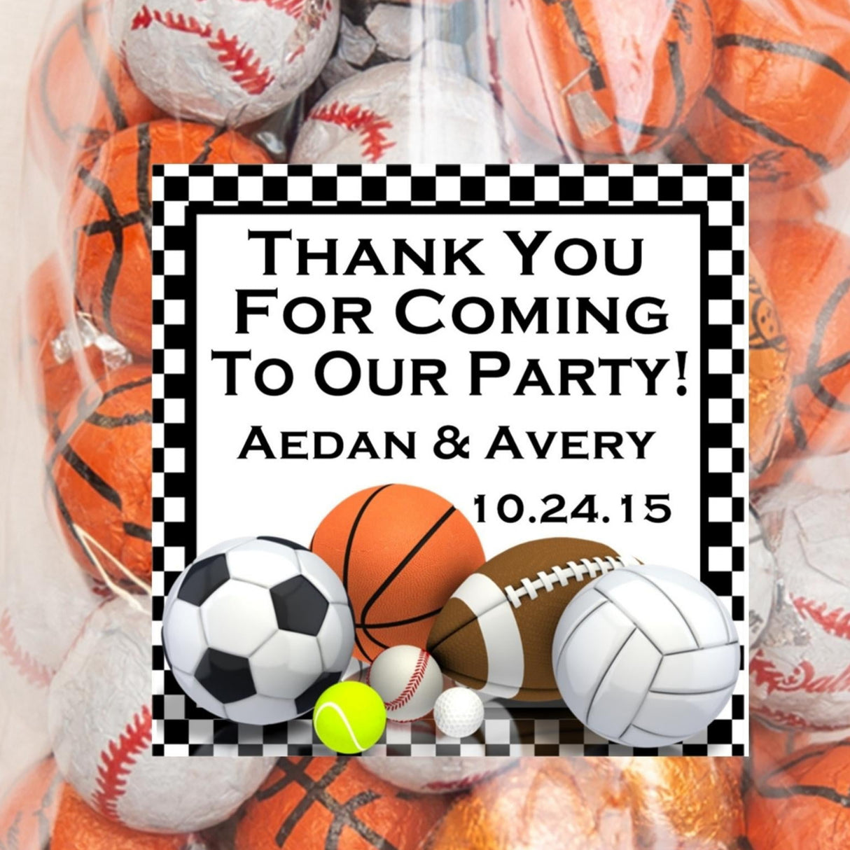 Black and white checkerboard sports birthday sticker with personalized thank you text
