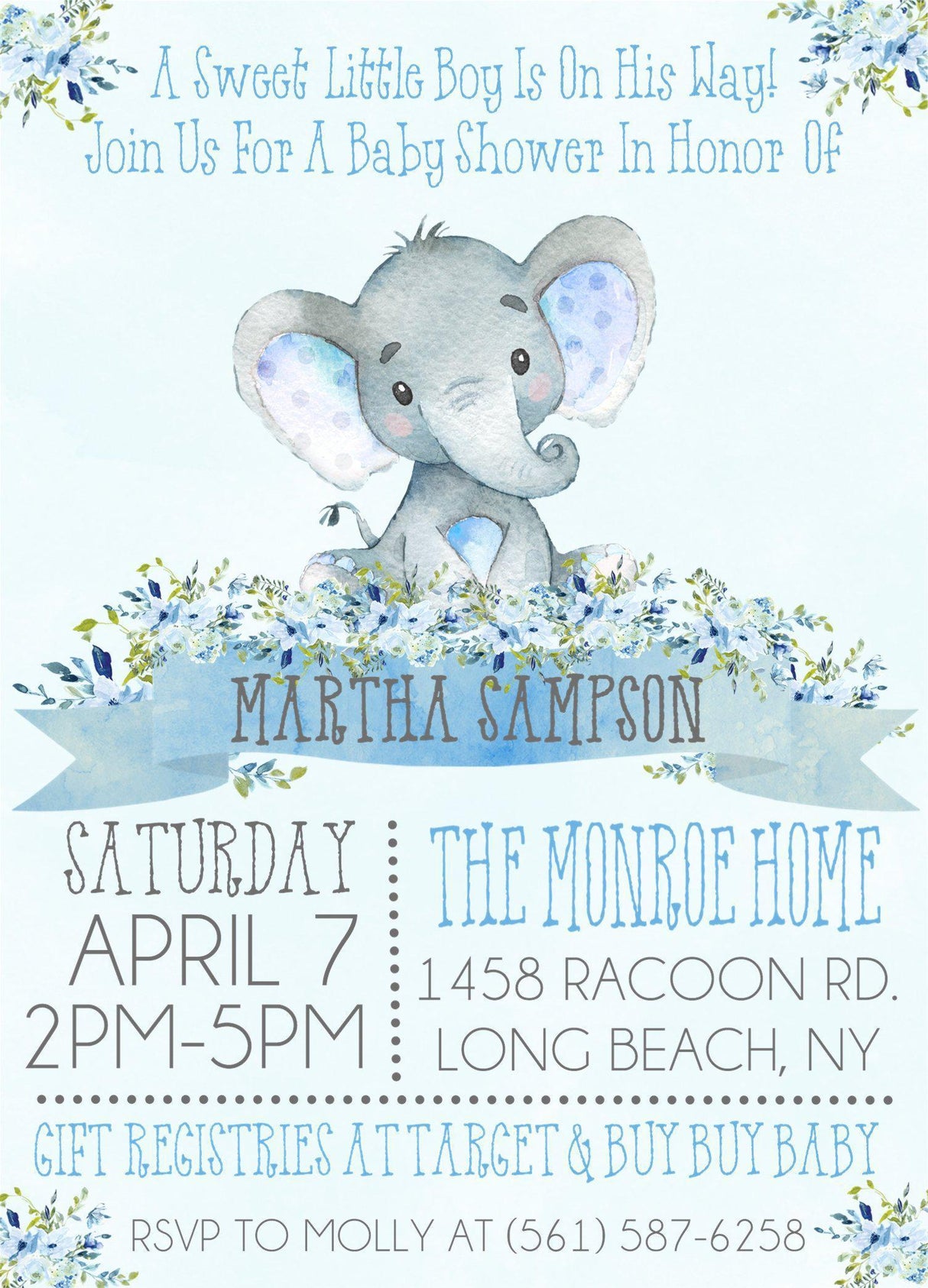 Blue Elephant Baby Shower Invitations