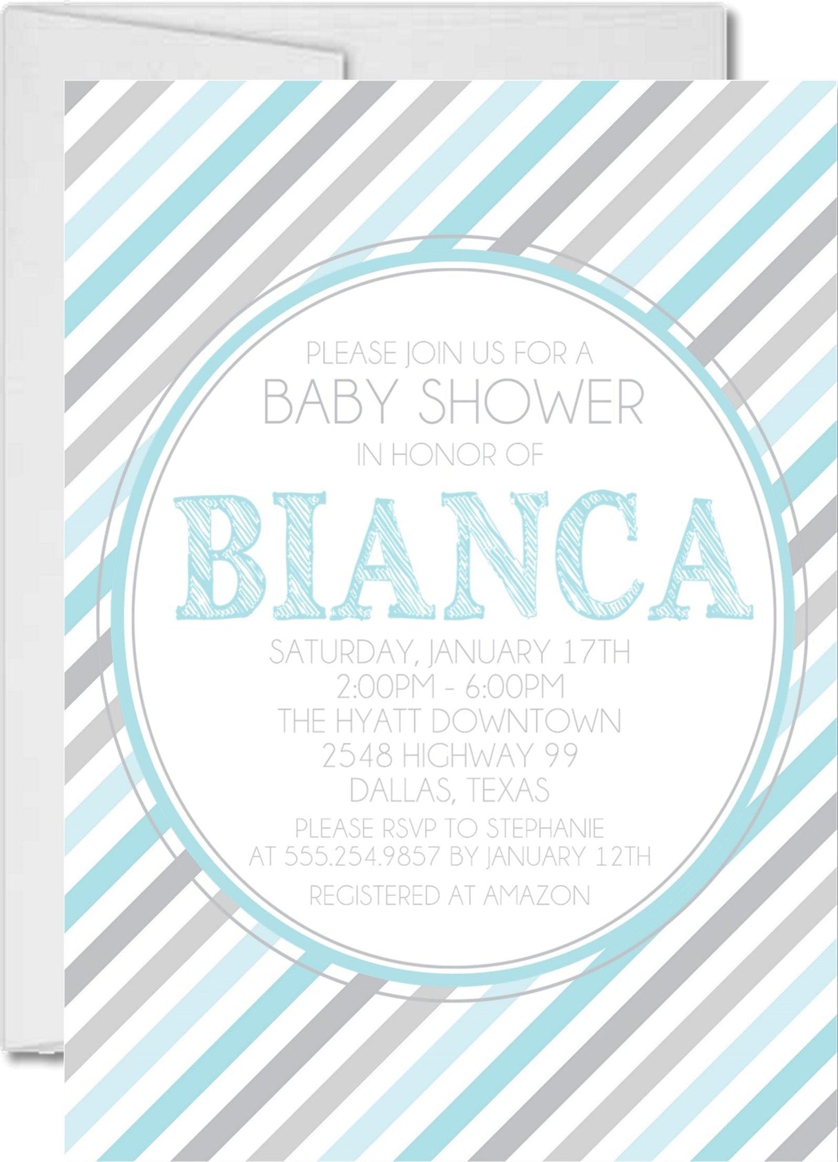 Blue & Grey Striped Baby Shower Invitations