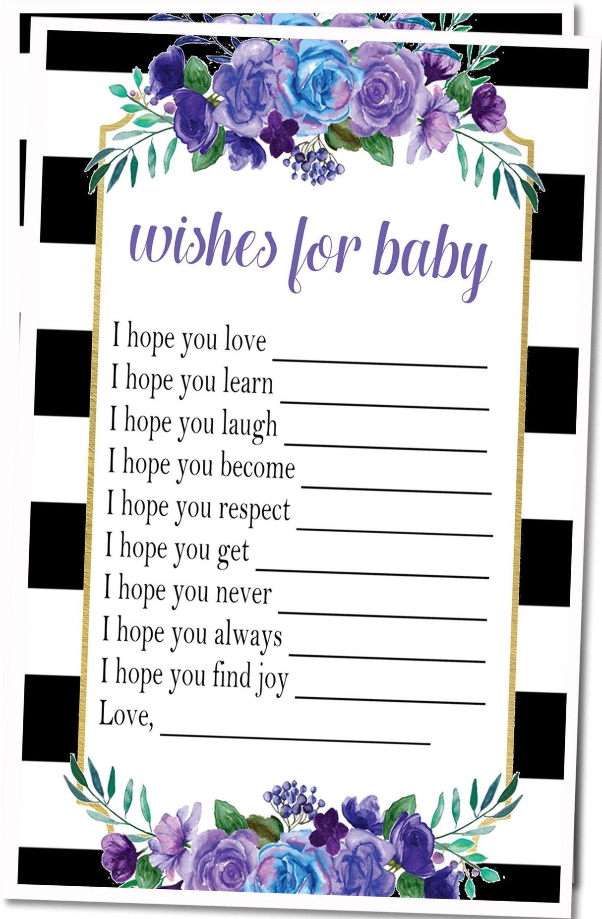 Blue, Purple, Black & White Floral Baby Shower Wish Cards