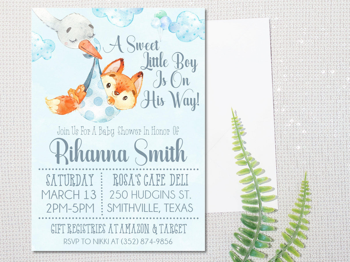 Blue Woodland Fox Baby Shower Invitations