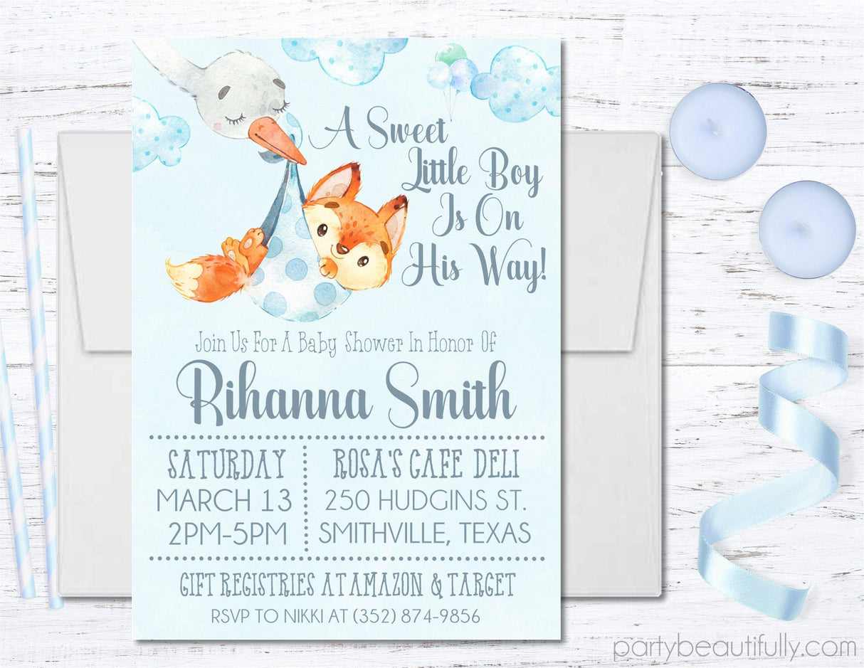 Blue Woodland Fox Baby Shower Invitations