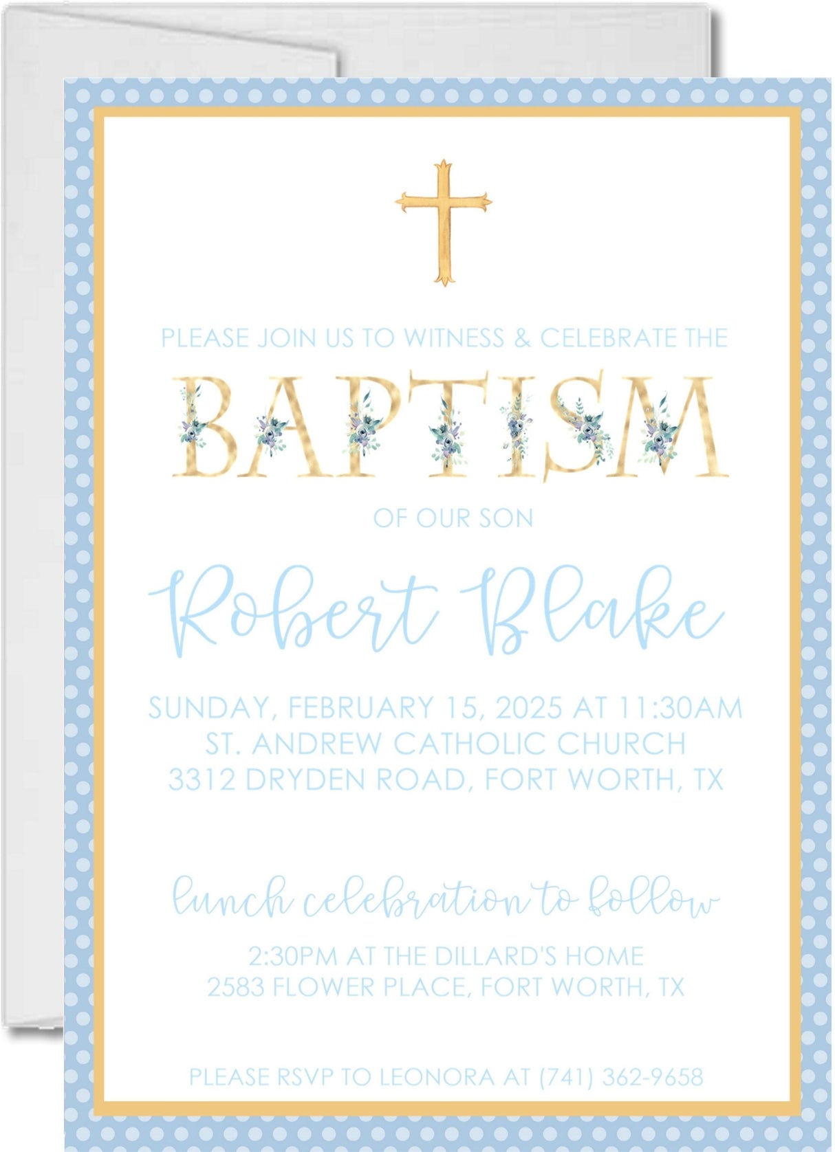 Blue and gold baptism invitation with floral cross design