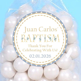Blue and gold floral Baptism sticker with watercolor flowers