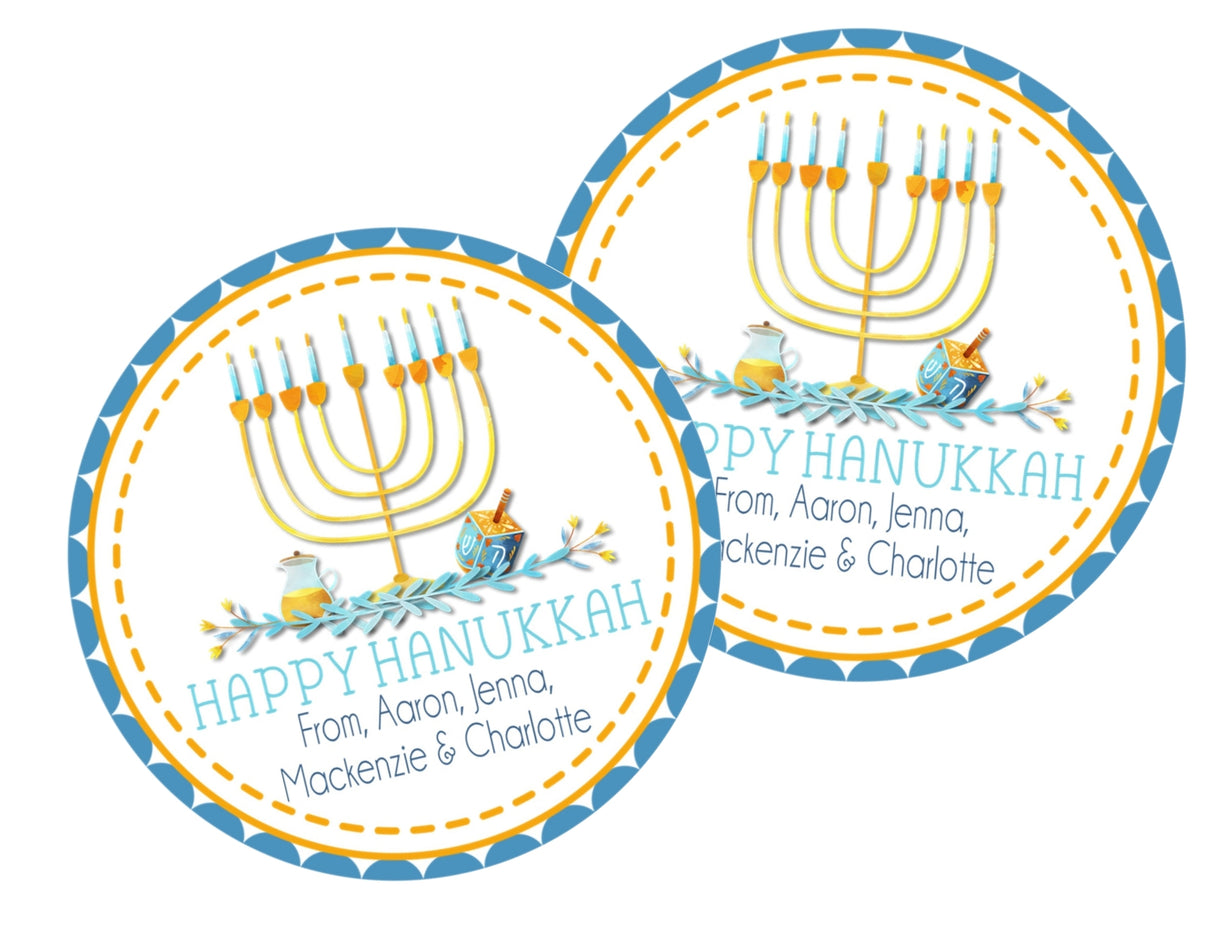 Blue and gold menorah Hanukkah favor labels