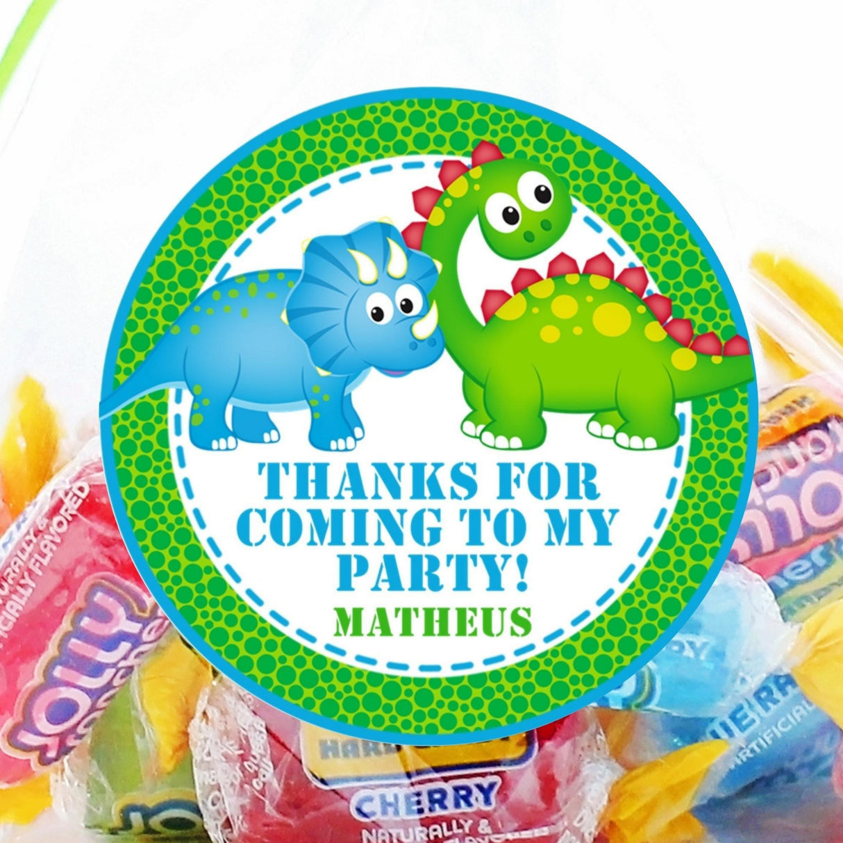 Blue and green toddler dinosaur birthday sticker with personalized name