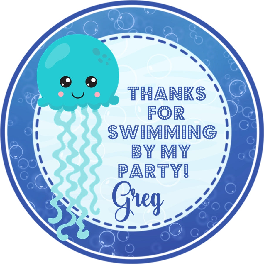 Blue aqua ocean themed birthday sticker with smiling jellyfish
