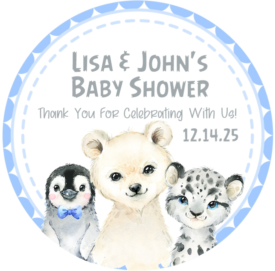 Blue arctic animals baby shower sticker with penguin bear and snow leopard