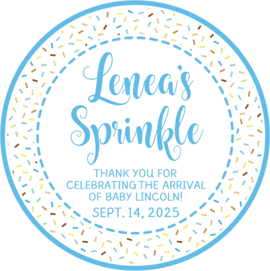 Blue baby sprinkle favor stickers with colorful sprinkles