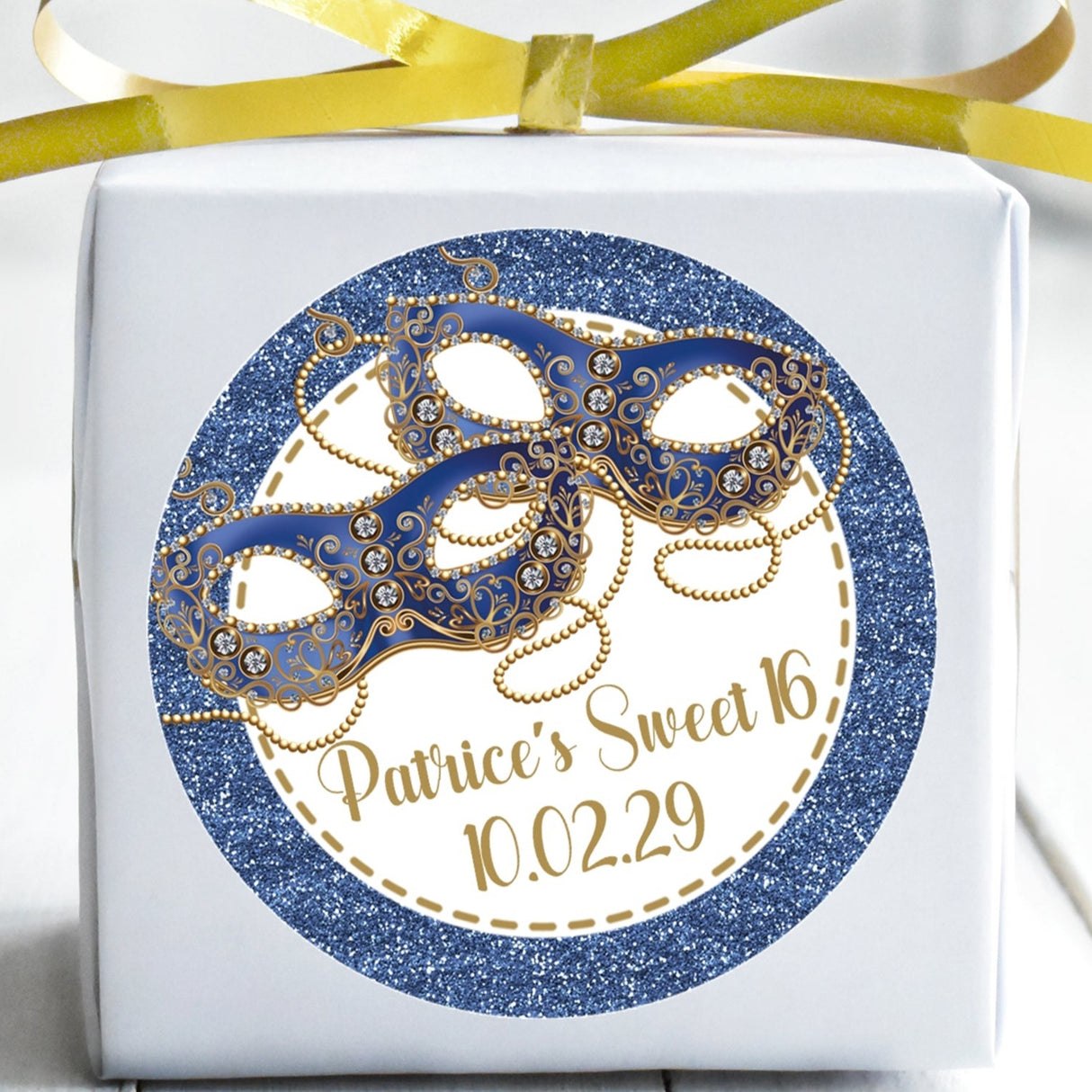 Blue border masquerade Sweet 16 birthday favor label