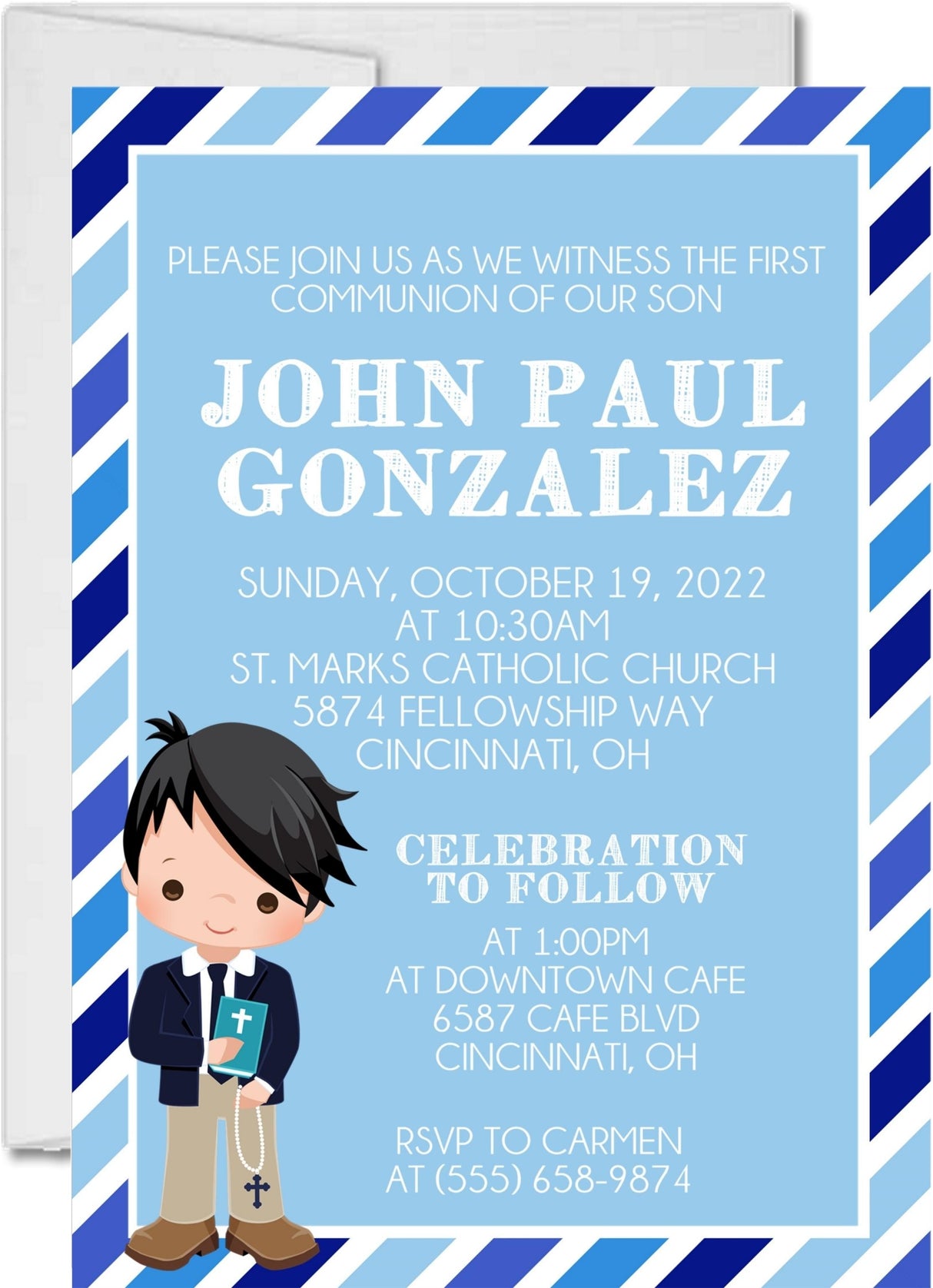 Blue first holy communion invitation