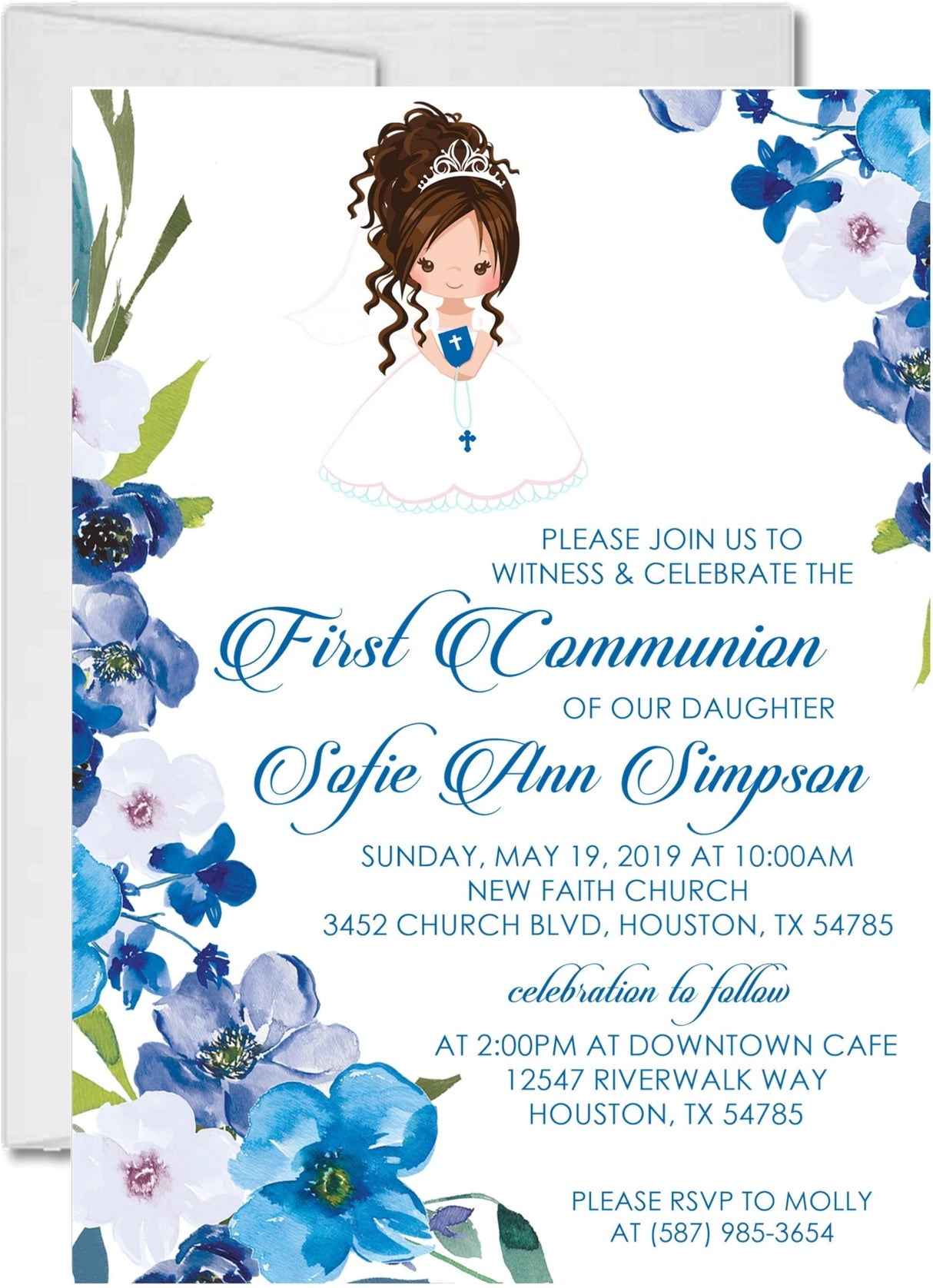Blue floral First Communion invitation with girl character