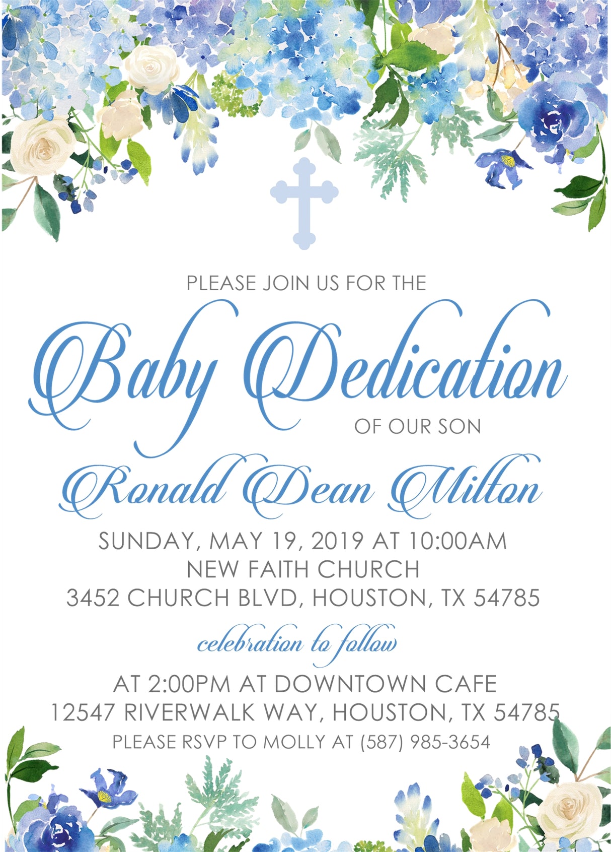 Blue floral baby dedication invitation