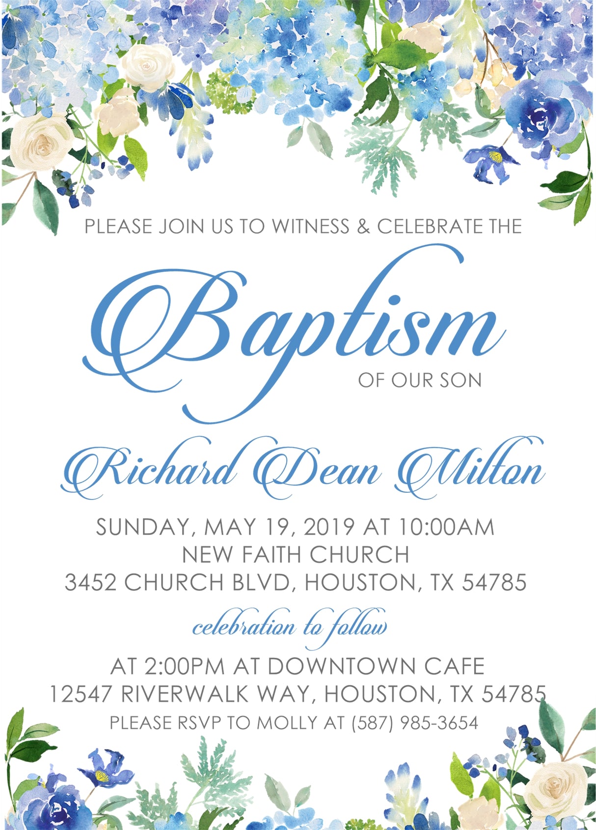 Blue floral baptism invitation with watercolor flowers and elegant script text