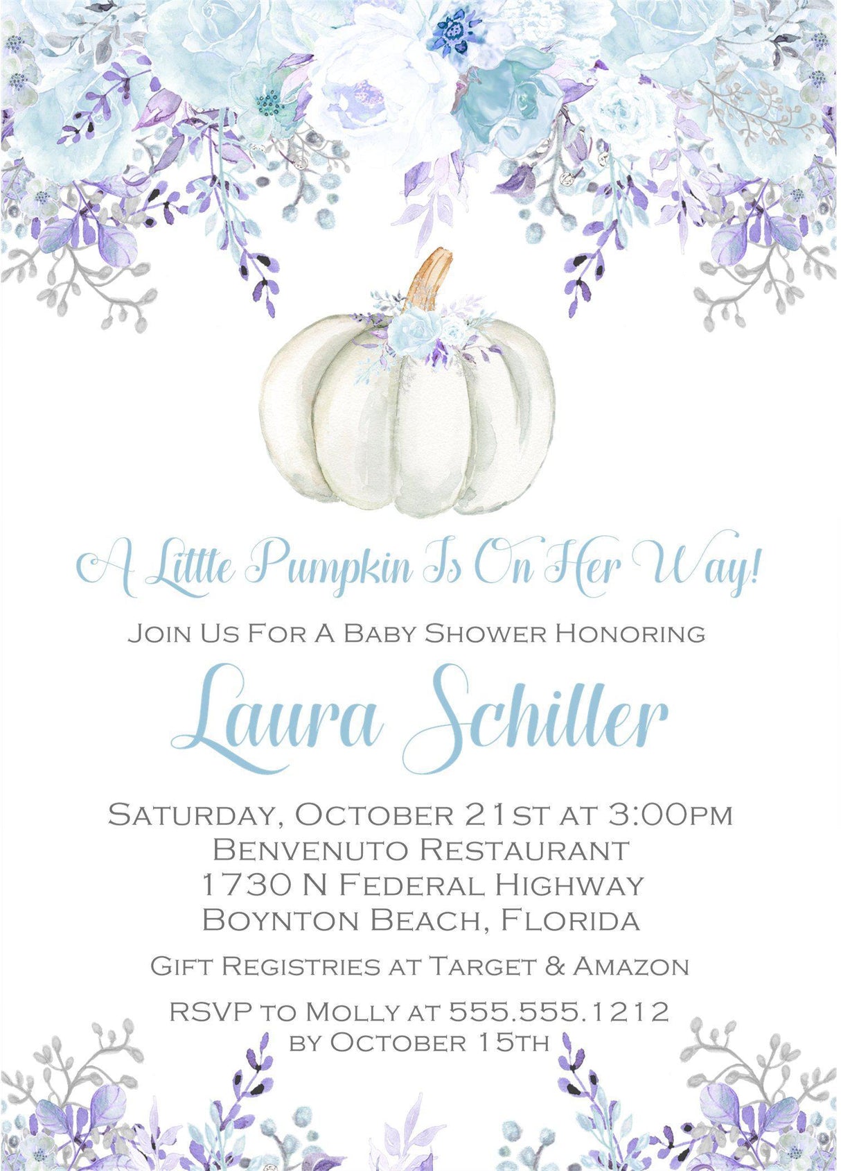 Blue lavender baby shower invitation