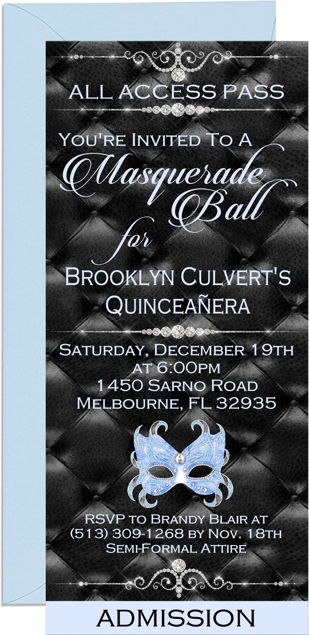 Blue masquerade ball invitation ticket with elegant black tufted backdrop
