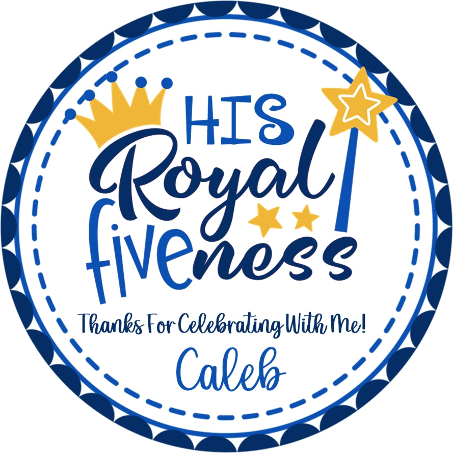 Blue royal prince 5th birthday party favor sticker