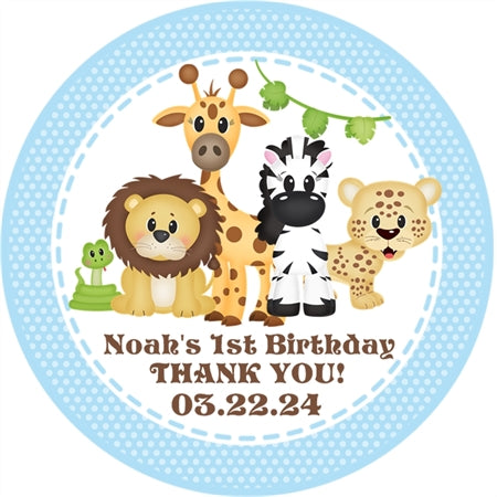 Blue safari animal first birthday sticker with lion giraffe zebra and jungle theme