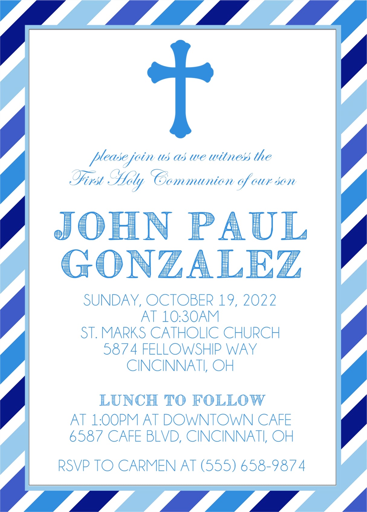 Blue striped first communion invitation for boys