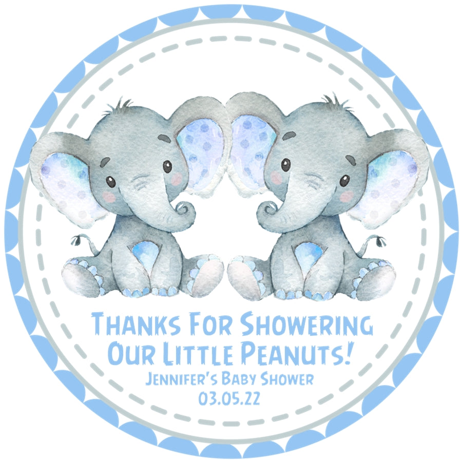 Blue twin elephant baby shower stickers for favors