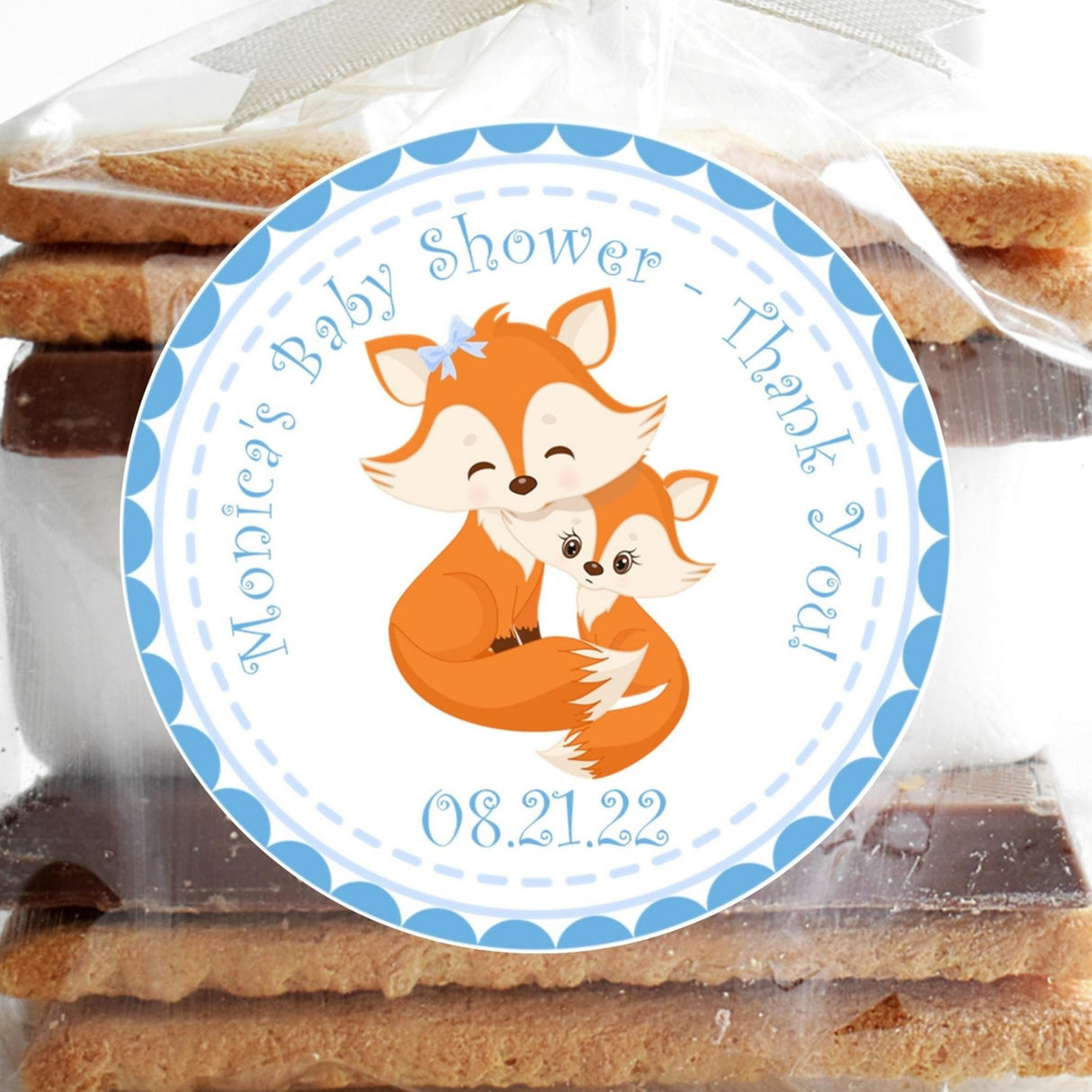 Blue woodland fox baby shower sticker
