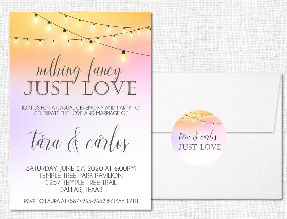 Blush and peach wedding invitation collection featuring illuminated string light artwork