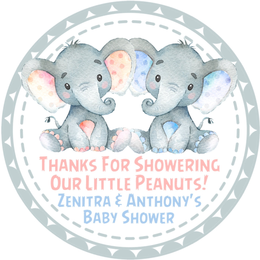 Boy girl twin elephant baby shower stickers for favors and decorations