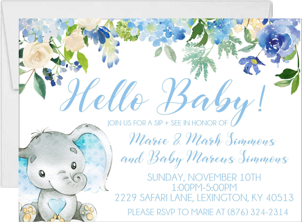Boys Blue Safari Elephant Sip And See Invitations