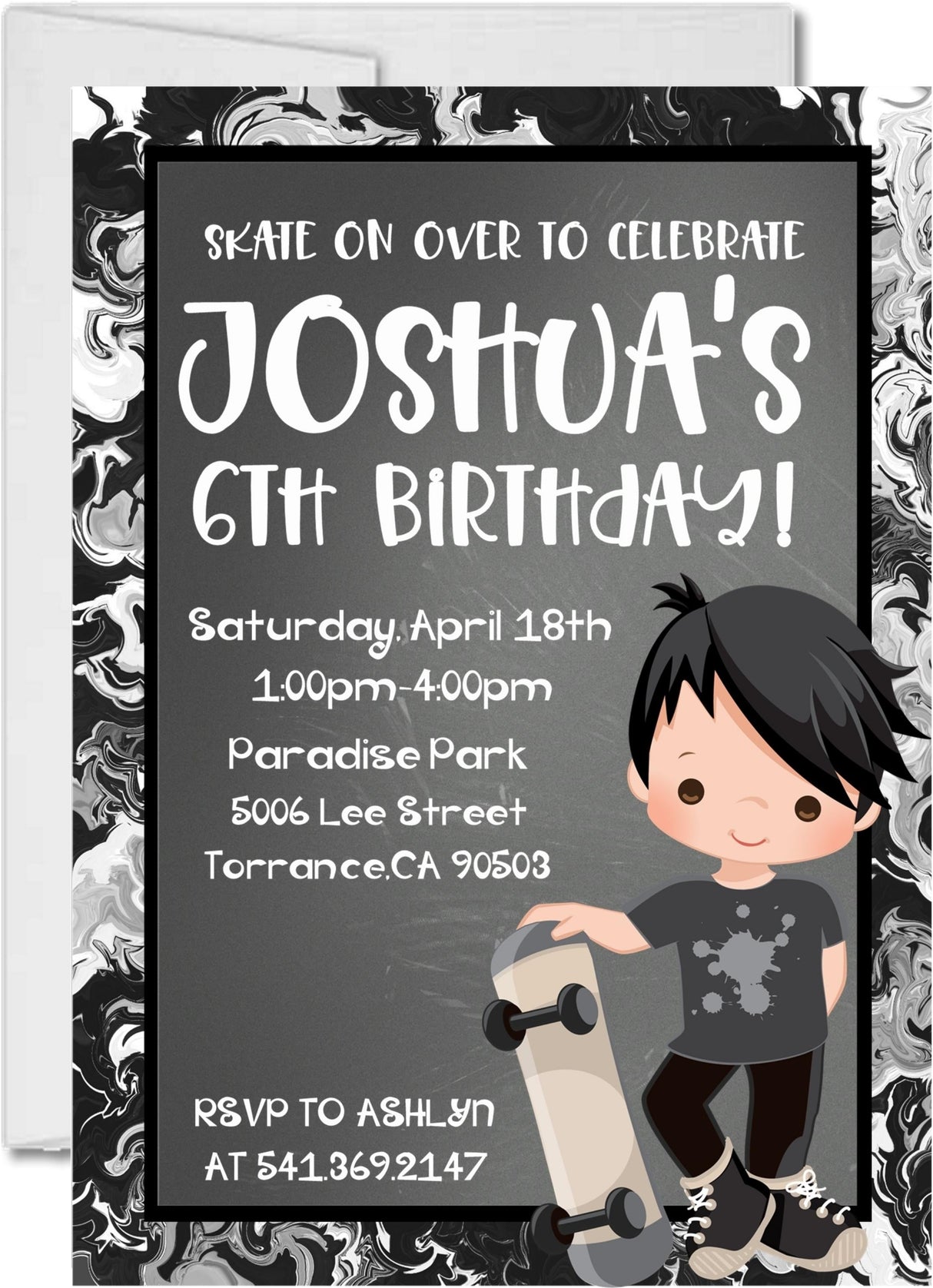 Boys black skateboard birthday invitations graffiti theme