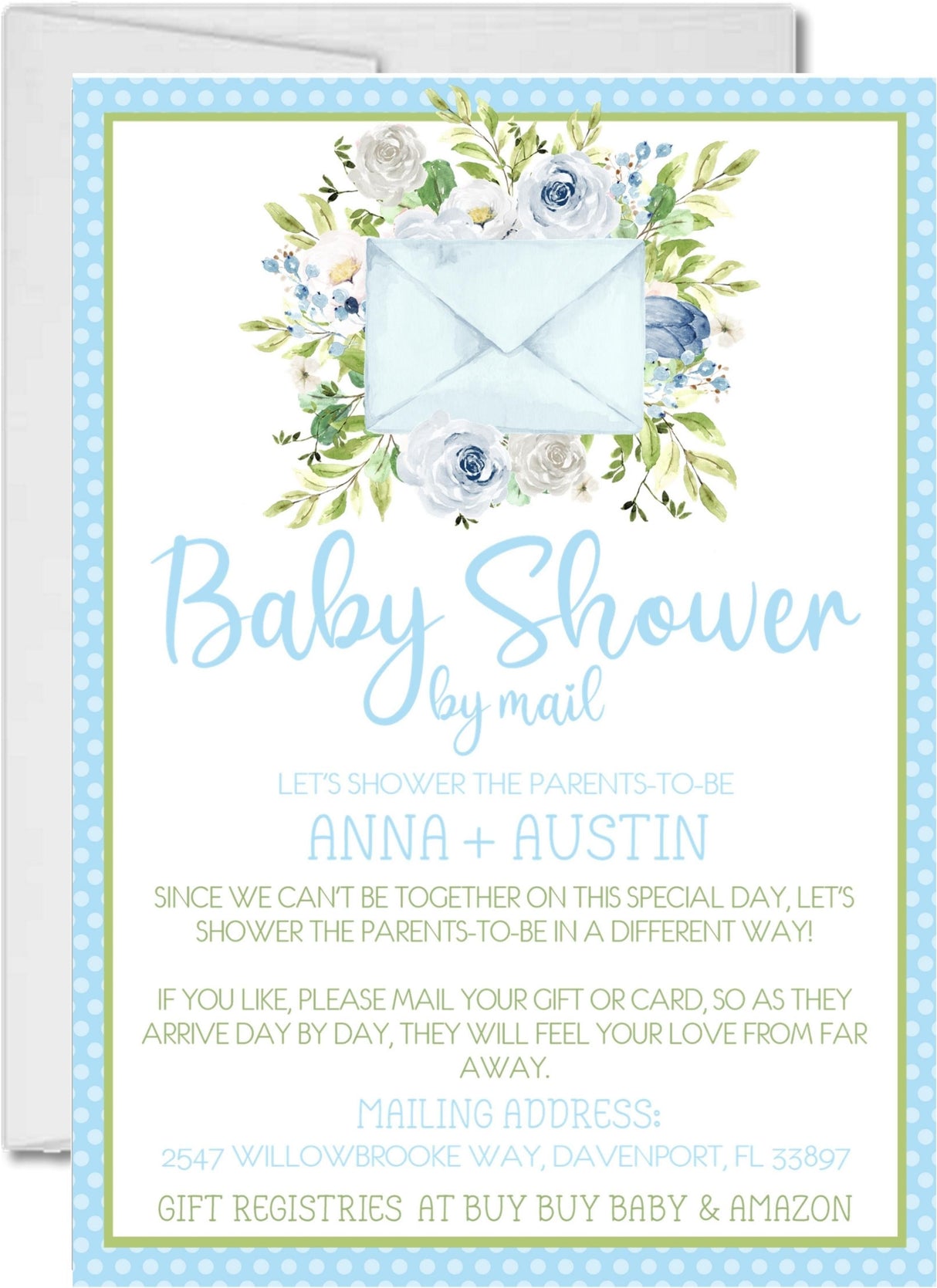 Boys blue baby shower by mail invitations watercolor botanical design