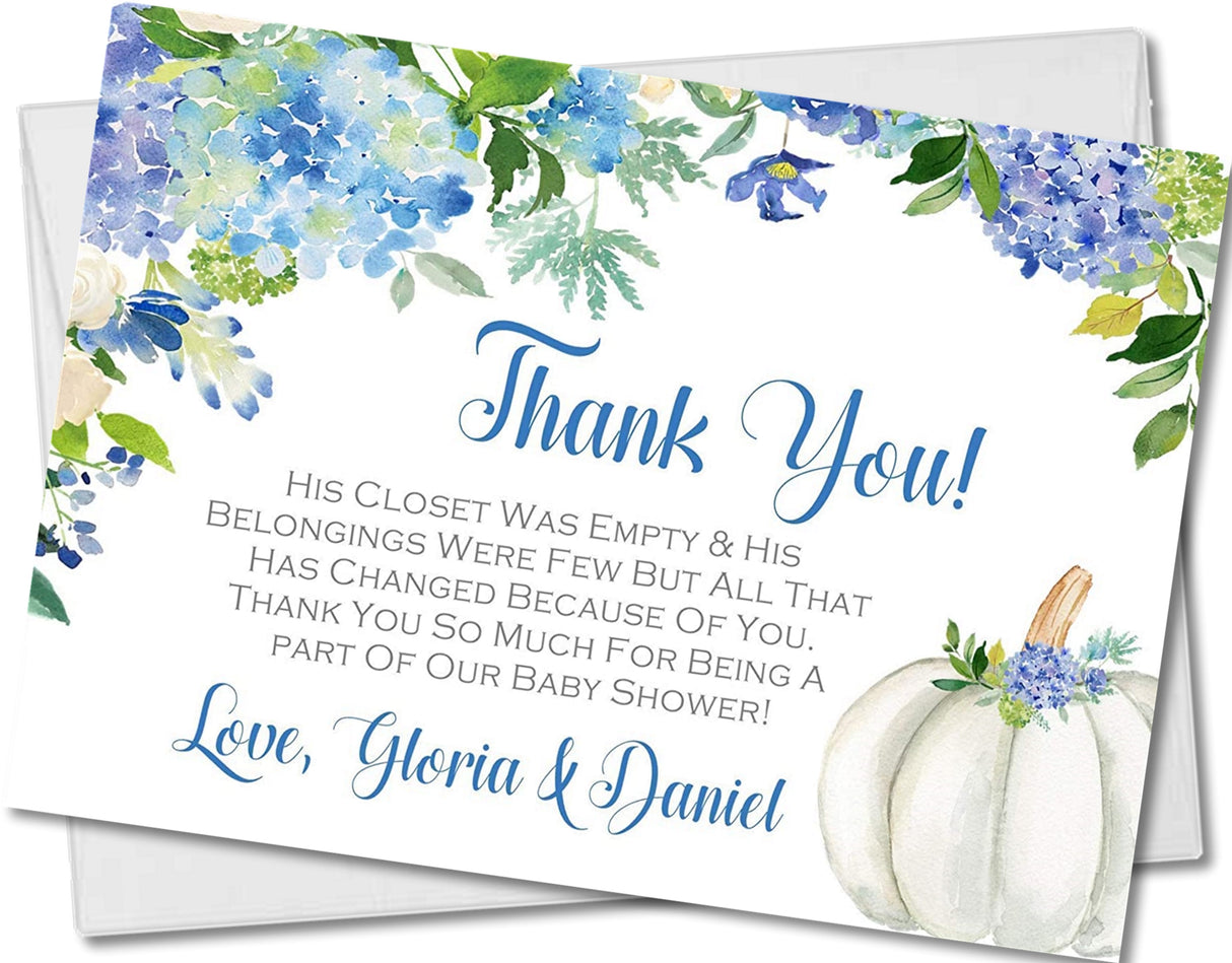 Boys blue little pumpkin baby shower thank you cards watercolor fall design