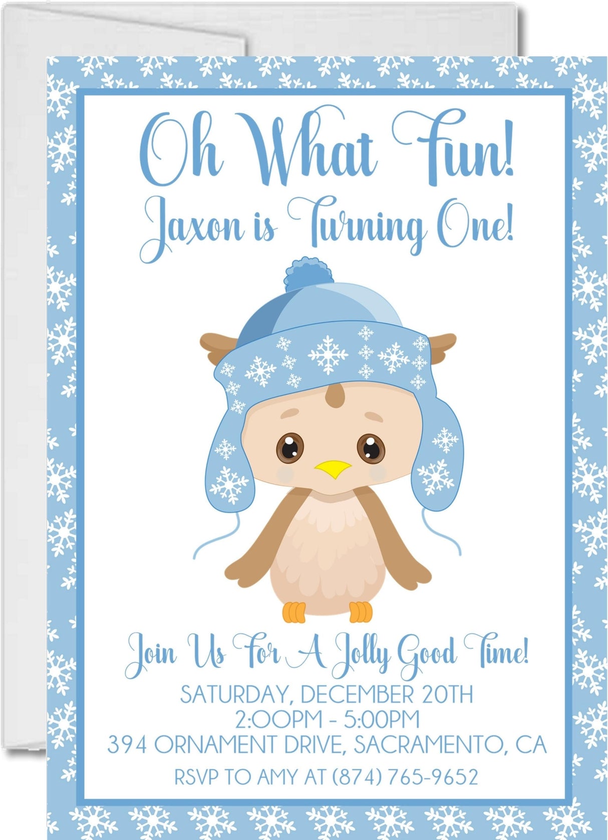Boys blue winter owl 1st birthday party invitation