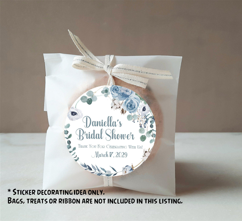 Bridal shower thank you stickers with blue floral design