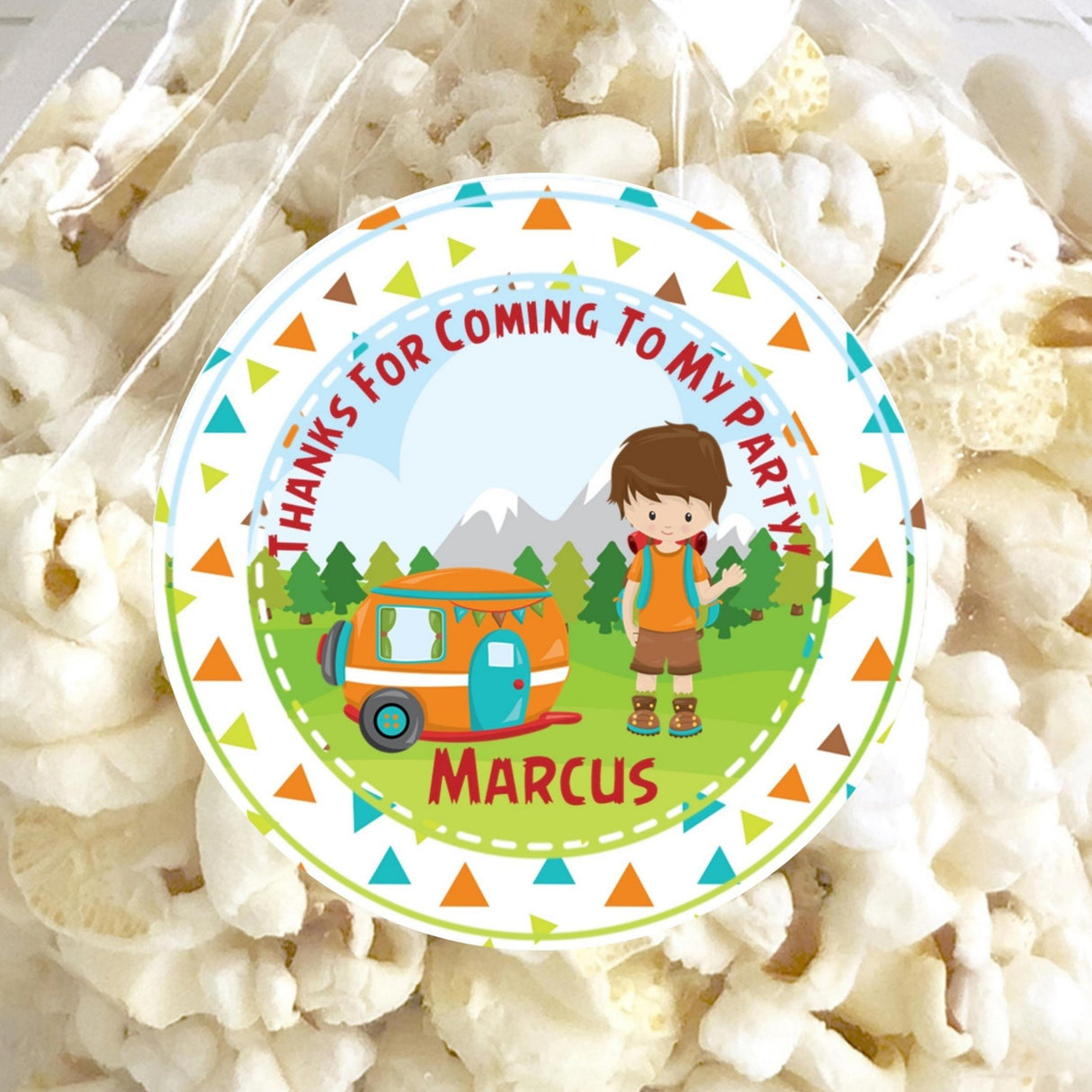 Camping boy birthday sticker with camper and forest background